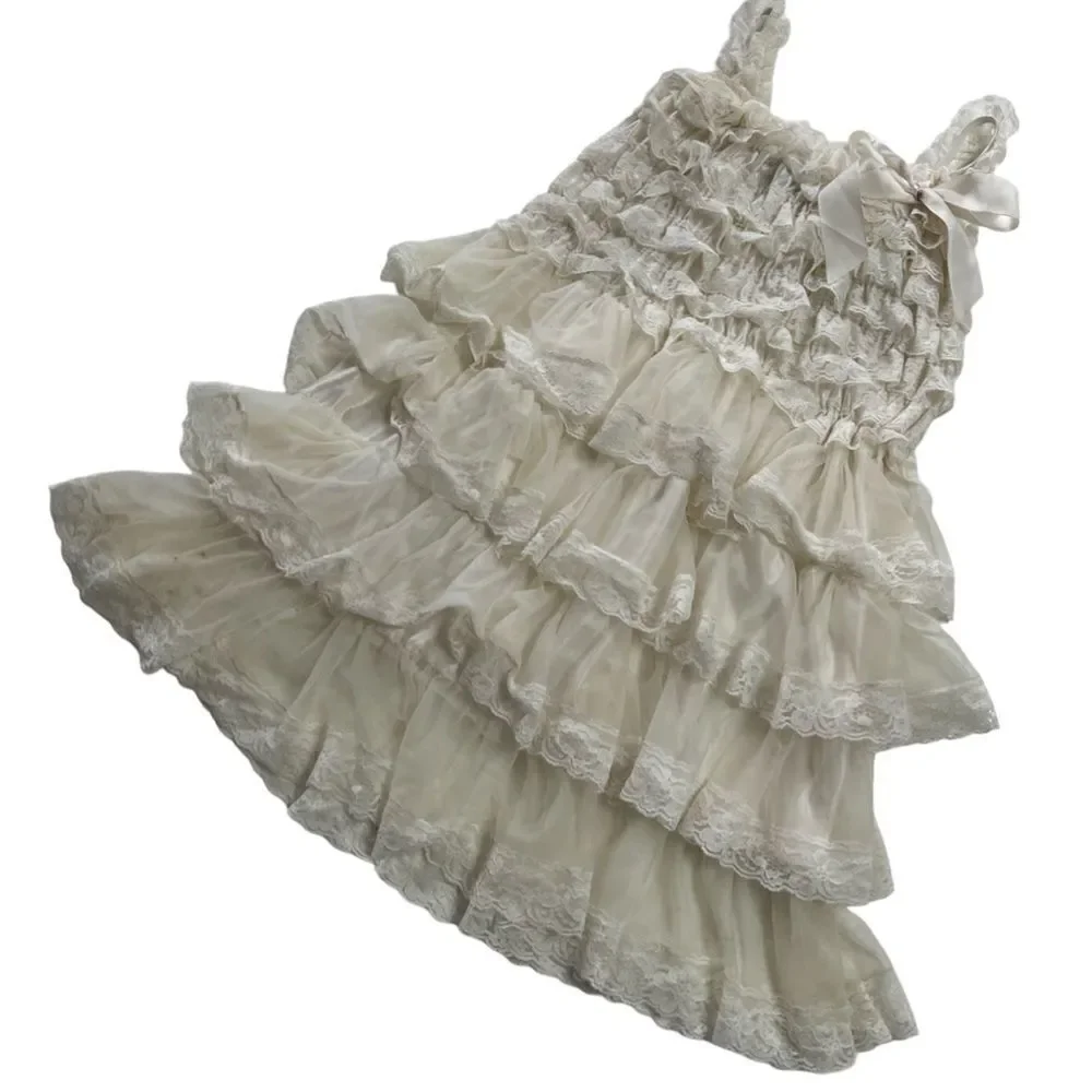 Girls Vintage 1990s Cream Tiered Lace Cottagecore Dress